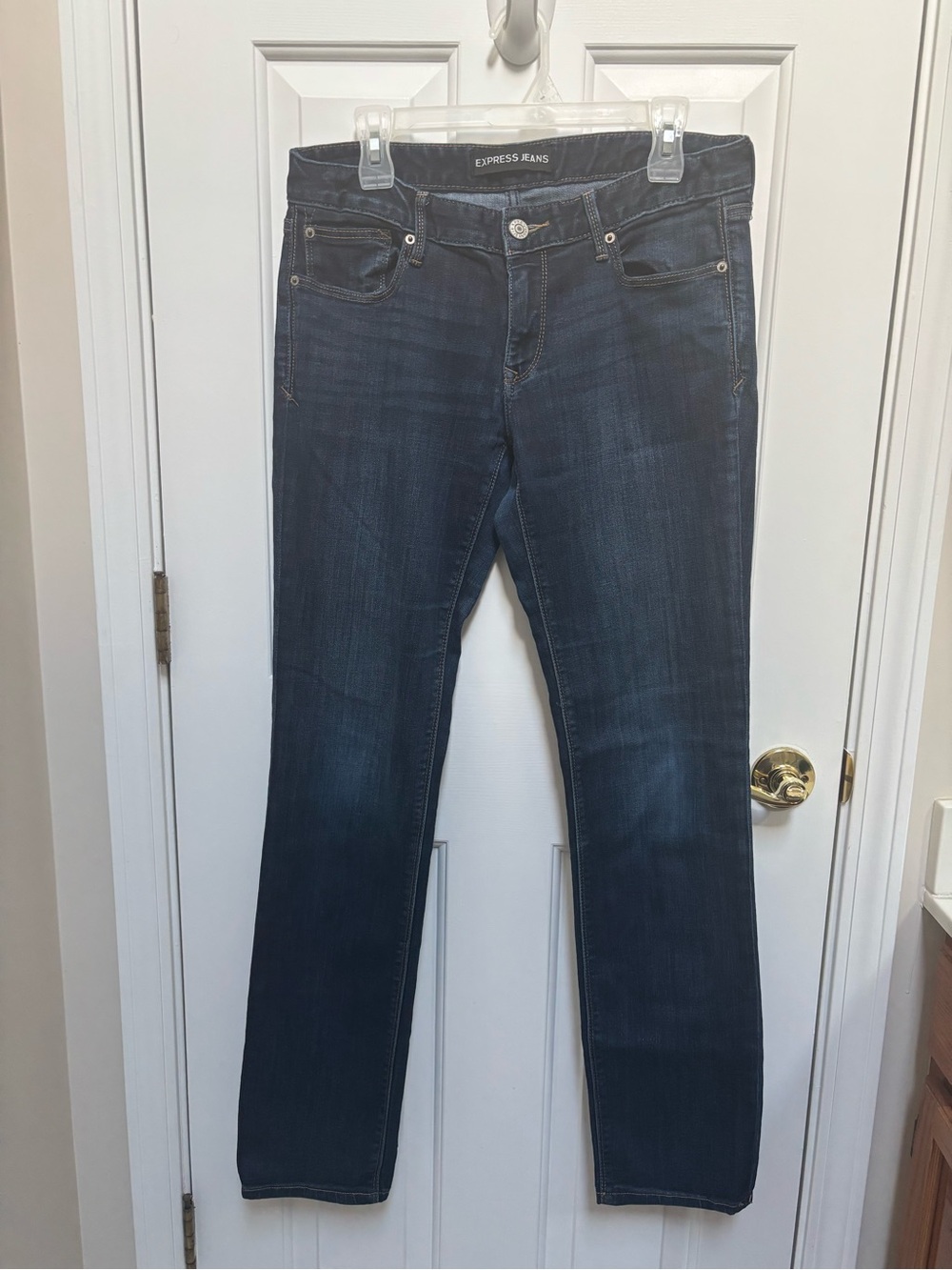 Express Skinny low rise Straight Jeans in Dark Blue Wash